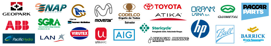 geopark, enap, el abra, movistar, codelco salvador, toyota, atika, quimetal, paccar parts, abb, sgra, stericycle, hp, netafim minning, virutex, unimarc, lan chile, pacific hydro, barrick