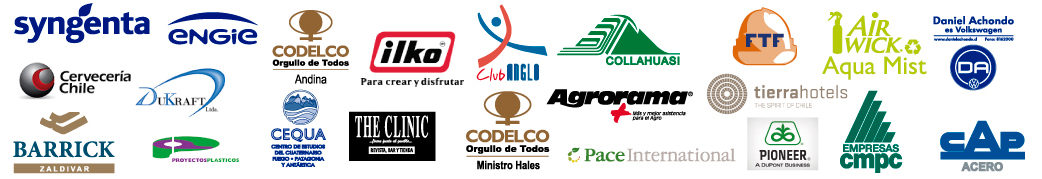 syngenta, engie, codelco andina, ilko, club anglo, collahuasi, ftf, air wick, daniel achondo, cerveceria chile, cequa, the clinic, codelco ministro hales, barrick, pace international, cmpc, cap acero, proyectos plasticos, tierra hotels, agrorama